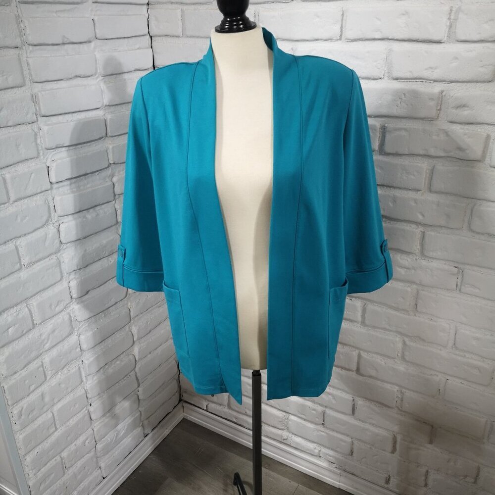 Alia Ladies Size Small Teal 3/4 Sleeves w/ Tab & Button to Roll Up Open Blazer